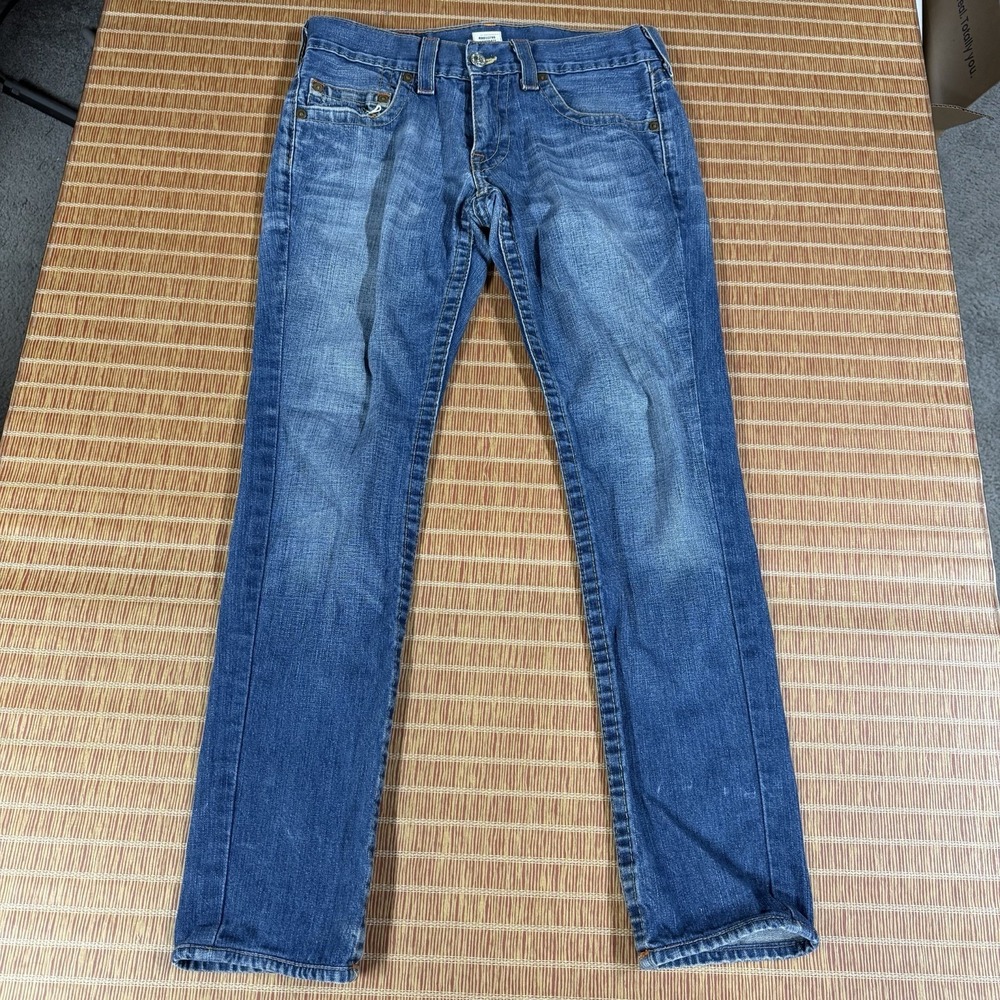 True Religion Mens Jeans 33x31 Y2K Distressed Embroidered Red Orange Full Pocket - Picture 2 of 9